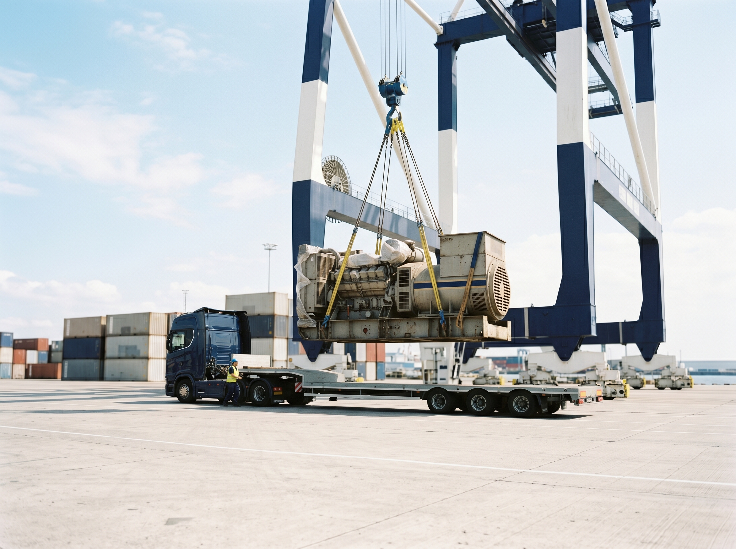 Gantry crane lifting an industrial generator onto a flatbed trailer at a port container yard